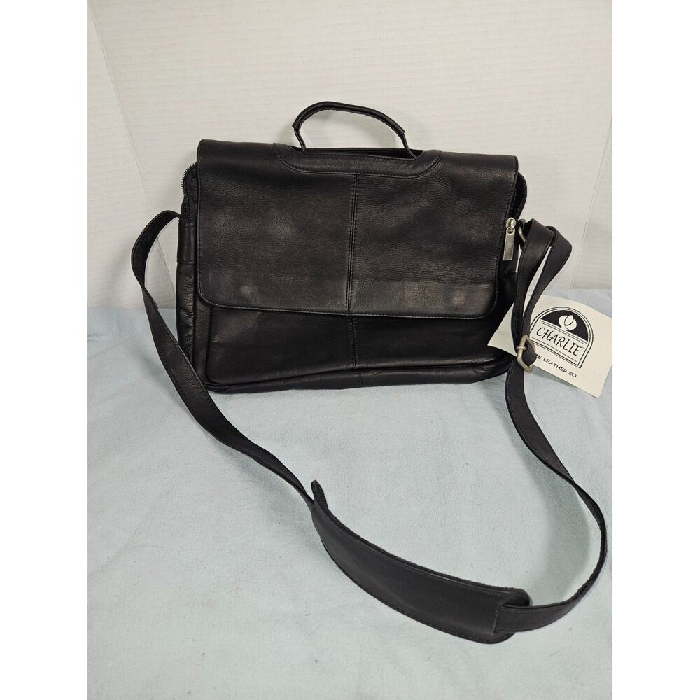 NWT Vintage Charlie Leather Co. Black Leather Crossbody Briefcase Messenger Bag